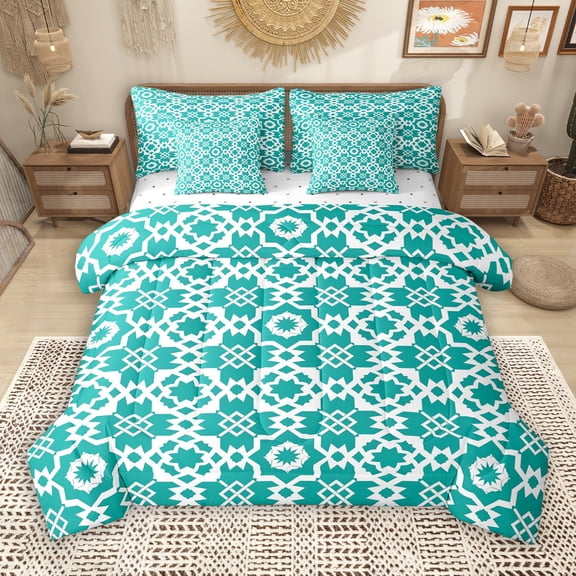 Manfei Western Tribal Bohemian 7pcs Bedding Comforter Set, Vintage Cyan Mandala Queen Bedding Sets, Simple French Style Reversible Queen Sheet Sets, Luxury Bedroom Decor