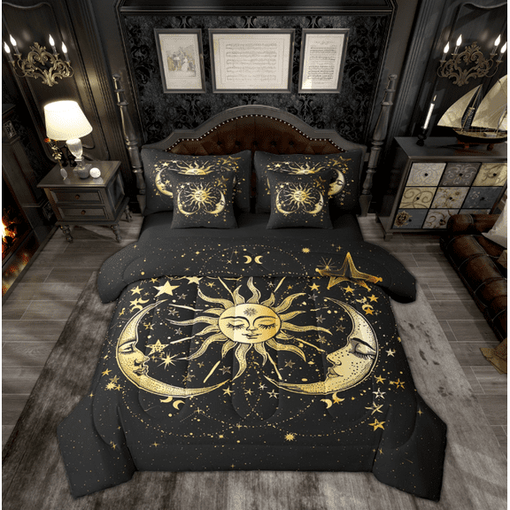 Manfei Western Tribal Sun Bedding Comforter Set 7-Piece, Mystic Hippie Moon Print King Bedding Sets, Boho Stars Galaxy Reversible Bed Sheets, Lightweight Room Decor