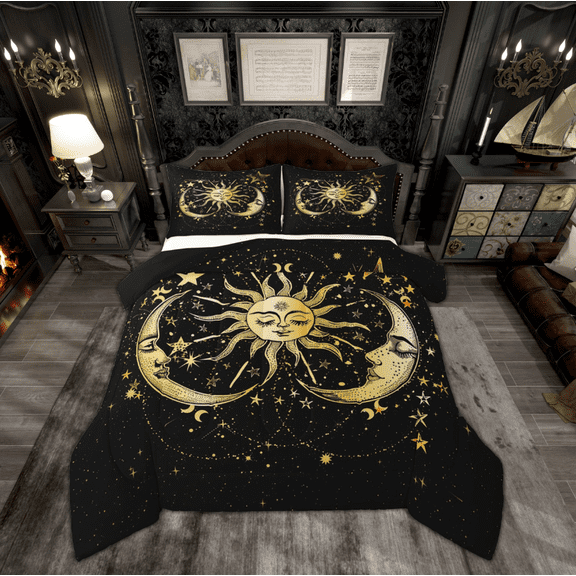 Manfei Western Tribal Sun Bedding Comforter Set, Mystic Hippie Moon Print Twin Comforter Sets, Boho Stars Galaxy Reversible Bedding Set, Lightweight Room Decor, 2-Piece