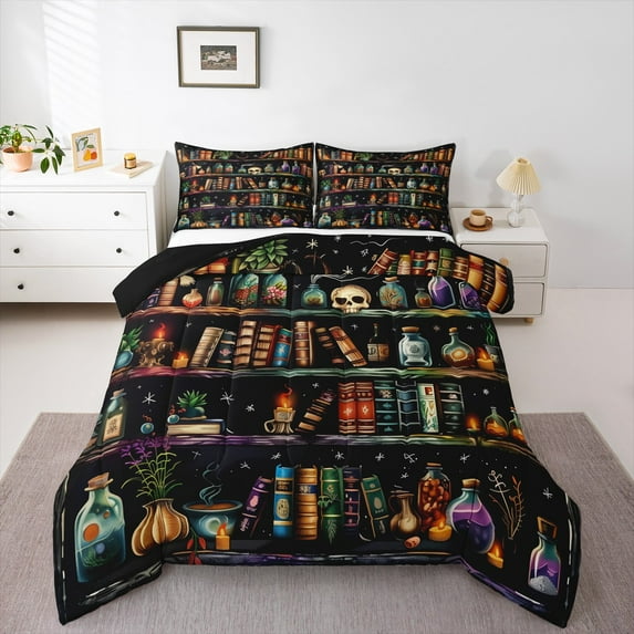 Manfei Western Vintage Bookshelf Queen Comforter Set, Bohemian Skeleton Skull Bedding Sets, Teen Kid Child Reversible Bedding Comforter Set, Ultra Soft Home Decor, 3pcs