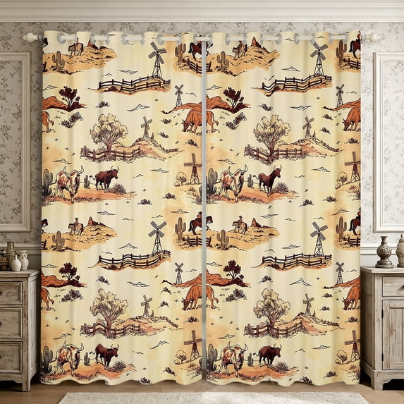 Manfei Western Windmill Cattle Blackout Curtains Set of 2 (38x54 Each),Southwestern Cowboy Living Room Curtains,Cream Brown