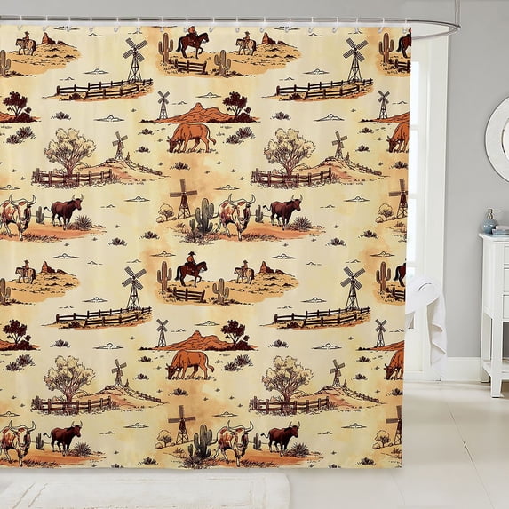 Manfei Western Windmill Cattle Shower Curtain 72Wx72L,Southwestern Cowboy Bathroom Curtain,Cream Brown