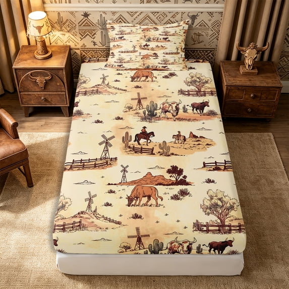 Manfei Western Windmill Cattle Twin Fitted Sheet 2 Pieces,Southwestern Cowboy Bedding,Cream Brown,1 Fitted Sheet and 1 Pillowcase