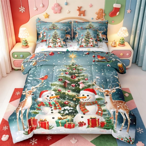 Manfei Western Xmas Festive 7-Piece Twin Bedding,Bright Pink Christmas Bedding Comforter Set,Xmas Reversible