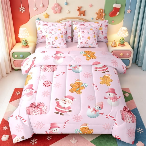 Manfei Western Xmas Festive 7-Piece Twin Bedding,Cartoon Christmas Winter Snow Bedding Comforter Set,Pink Reversible