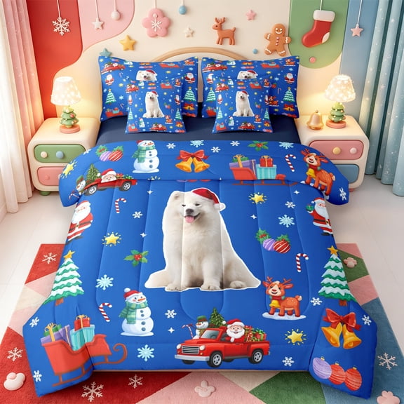 Manfei Western Xmas Festive 7-Piece Twin Bedding,Elegant Christmas Tree Bedding Comforter Set,Navy Blue Reversible