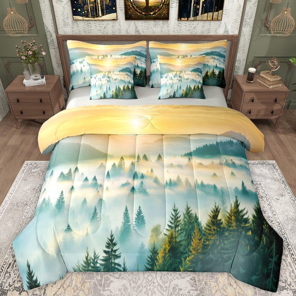 Manfei Wetsern Farmhouse Adult Twin Bedding Sets 7-Piece, Green Gold Bedding Comforter Set, Rustic Nature Scenery Reversible Sheet Sets, Luxury Bedroom Decor