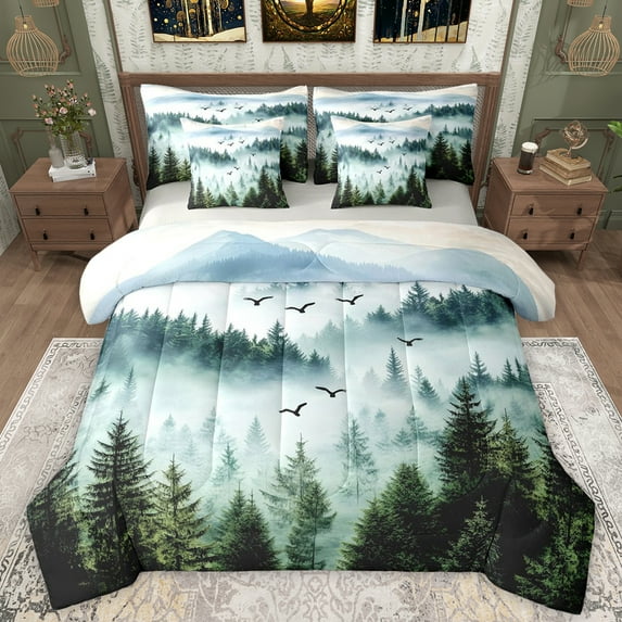 Manfei Wetsern Farmhouse Adult Twin Bedding Sets 7-Piece, Green Landsacpe Bedding Comforter Set, Rustic Nature Scenery Reversible Sheet Sets, Lightweight Room Decor