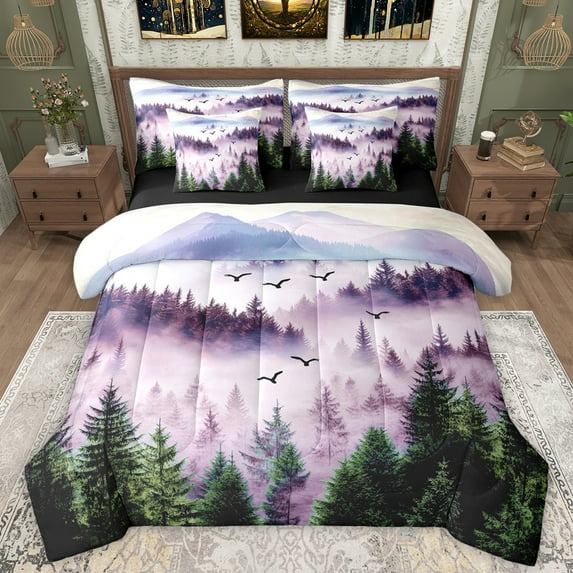 Manfei Wetsern Farmhouse Adult Twin Bedding Sets 7-Piece, Pink Jungle Tree Bedding Comforter Set, Rustic Nature Scenery Reversible Sheet Sets, Breathable Home Decor