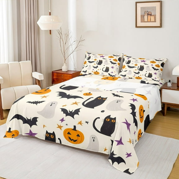 Manfei Wheat Cute Ghost Full Size Sheets, Halloween Pumpkin Bed Sheets, Gothic Cat Animal Sheet Sets, Luxury Bedroom Decor, 4 Pieces