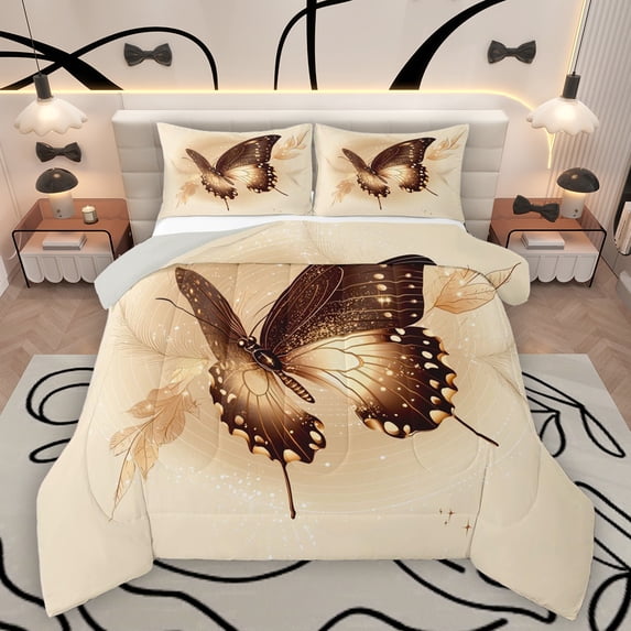 Homewish Wheat Gold Butterfly Queen Comforter Set, Romantic Animal Print Bedding Sets, Vintage Leaf Botanical Reversible Bedding Comforter Set, Microfiber Bedroom Decor, 3 Pieces