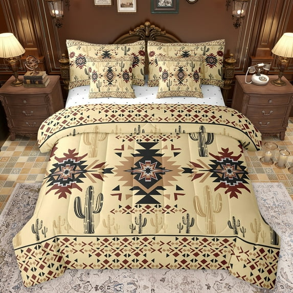 Manfei Wheat Triangle Aztec Bedding Comforter Set 7 Pieces for Kids, Cartoon Cactus Plant Full Bedding Set, Vintage Western Bohemian Reversible Fitted Sheet Flat Sheet, Super Cozy Room Decor