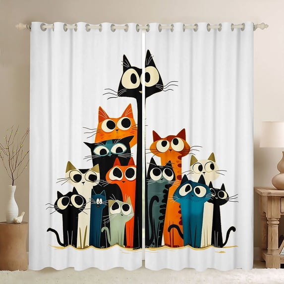 Manfei Whimsical Cat Blackout Curtains Set of 2 (52x84 Each), Cartoon Kitten Curtain, Orange Teal