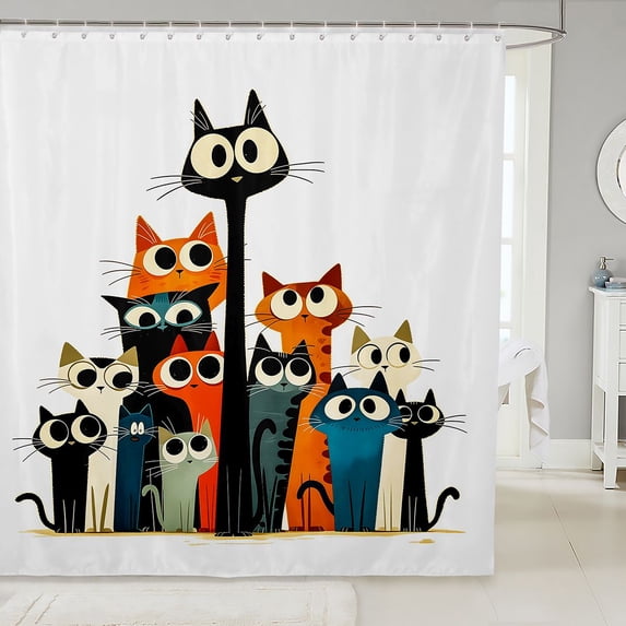 Manfei Whimsical Cat Shower Curtain 72Wx84L, Cartoon Kitten Bathroom Shower Curtain, Orange Teal