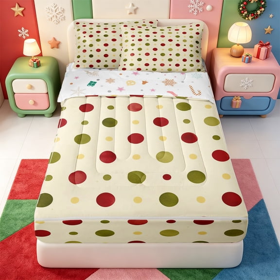 Manfei Whimsical Christmas Santa Claus Zipper Twin Comforter Sets with Fitted Sheet and 2 Pillowcases,Merry Xmas Zipper Bedding Set,Xmas Reversible,4 Pieces