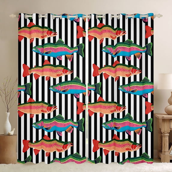Manfei Whimsical Trout Blackout Curtains, Cartoon Stripe Curtains Pack of 2 (42x84 Each), Black White Orange