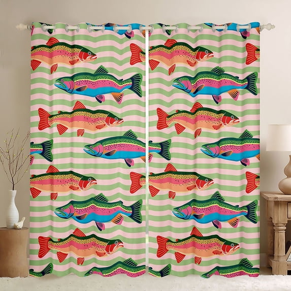 Manfei Whimsical Trout Curtains and Drapes Pack of 2 (52x63 Each), Simple Stripe Abstract Black Out Curtains, Green Pink Orange