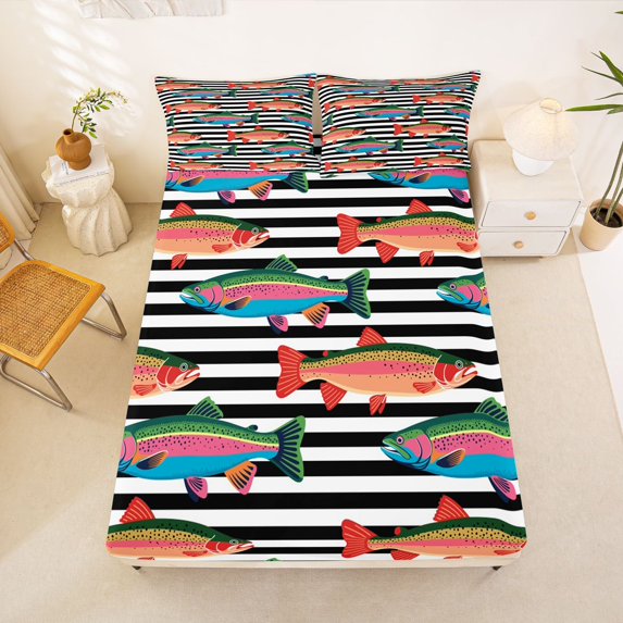 Manfei Whimsical Trout Fitted Sheet Full, Stripe Abstract Bed Set, Black White Orange, 3-Piece, 1 Fitted Sheet and 2 Pillowcases