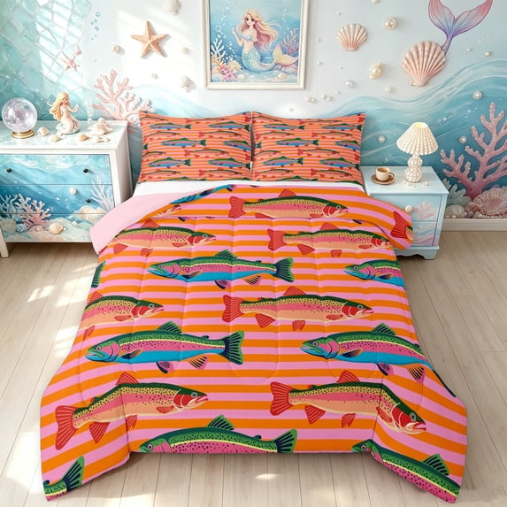 Manfei Whimsical Trout Full Size Comforter Sets, Cartoon Sea Animal Bedding Comforter Set, Orange Pink, Pink Reversible, 3pcs, 1 Comforter and 2 Pillowcases