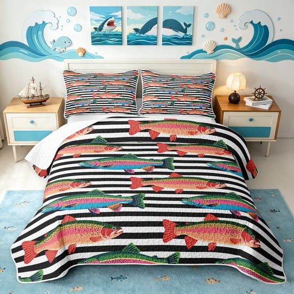 Manfei Whimsical Trout Quilt King, Stripe Abstract King Coverlet Set, Black White Orange, 3-Piece, 1 Bedspread and 2 Pillowcases