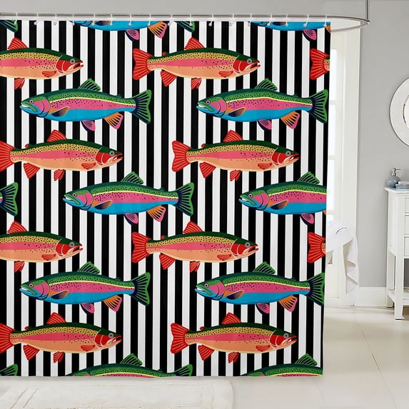 Manfei Whimsical Trout Shower Curtain 72Wx72L, Cartoon Stripe Bathroom Curtain, Black White Orange