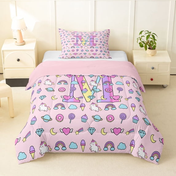 Manfei Whimsical Unicorn Candy Twin Comforter Sets,Cute Initial M Bedding Set,Pink Multicolor,Pink Reversible,2-Piece,1 Comforter and 1 Pillowcase