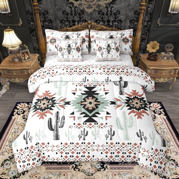 Homewish White Abstract Aztec Bedding Comforter Set 7pcs for Men, Western Cactus Plant King Bedding Sets, Bohemian Mandala Theme Reversible Bed Sheets, Super Cozy Room Decor