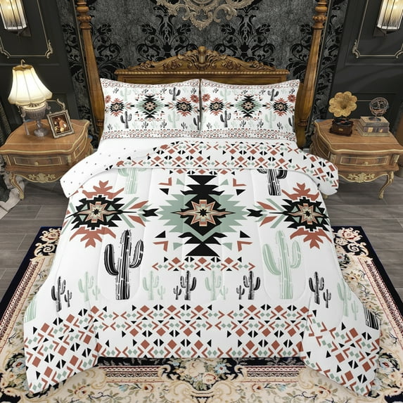 Homewish White Abstract Aztec Bedding Comforter Set for Men, Western Cactus Plant Twin Comforter Sets, Bohemian Mandala Theme Reversible Bedding Set, Super Cozy Room Decor, 2 Pieces