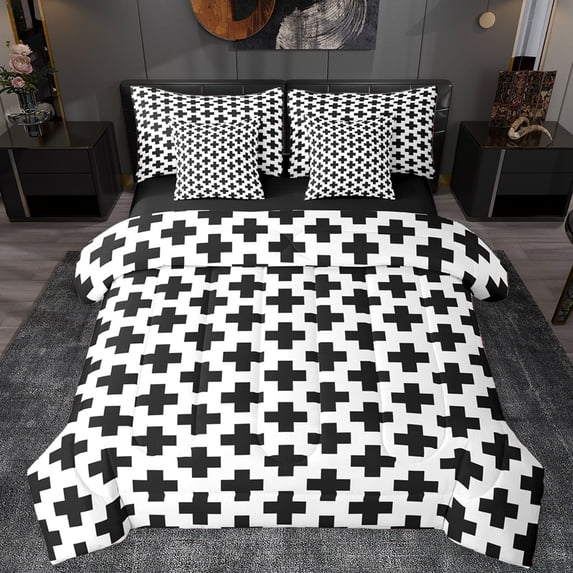 Manfei White Black 7pcs Bedding Comforter Set,Minimalist Geometric Pattern Queen Bedding Sets,Modern Art Queen Sheet Sets For Boys Kids,Microfiber Bedroom Decor Reversible