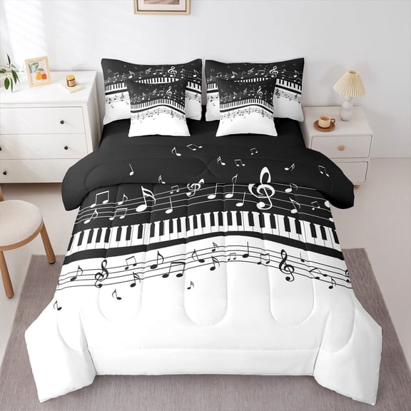 Manfei White Black Piano Bedding Comforter Set 7pcs, Musical Note Music Queen Bedding Sets, Teens Kids Child Reversible Queen Sheet Sets, Ultra Soft Home Decor
