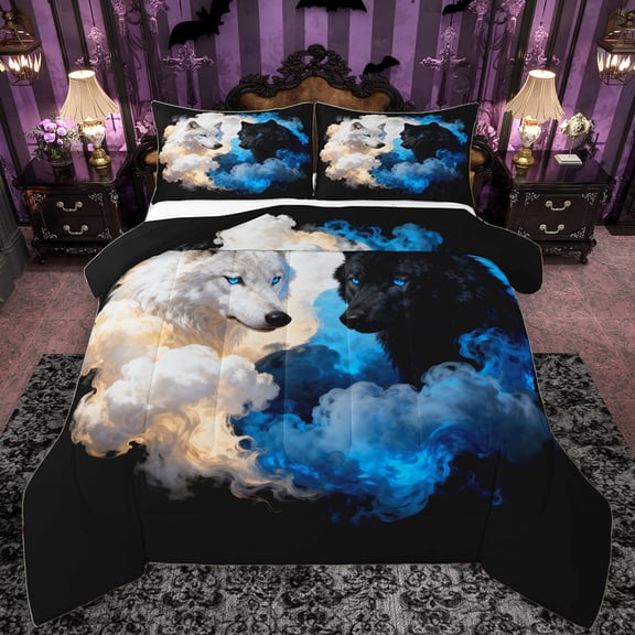 Manfei White Black Wolf Bedding Comforter Set for Teens, Mystic Galaxy Cloud Twin Comforter Sets, Magic Animal Theme Reversible Bedding Set, Ultra Soft Bedroom Decor, 2pcs