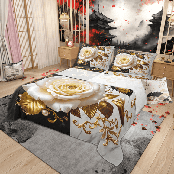 Manfei White Blossom Bed Sheets Set Full Size, Gold Victorian Damask Bedding Sets Full Size, Black White Marble Top Sheet, Lightweight Room Decor, 4-Piece