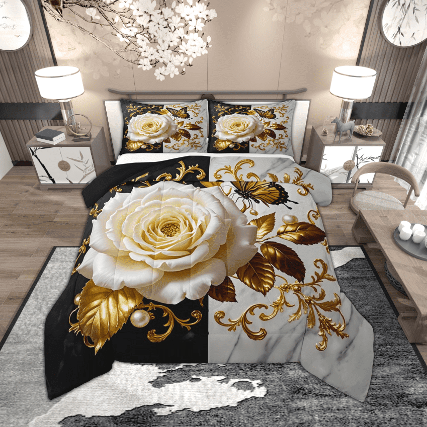 Manfei White Blossom Bedding Sets Full with Comforter, Gold Victorian ...