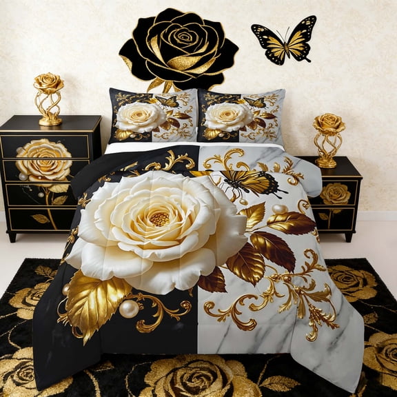 Manfei White Blossom Bedding Twin Comforter Set, Gold Victorian Damask Down Comforter, Black White Marble Bedding Sets Twin with Comforter, Lightweight Room Decor, 2 Pieces Reversible