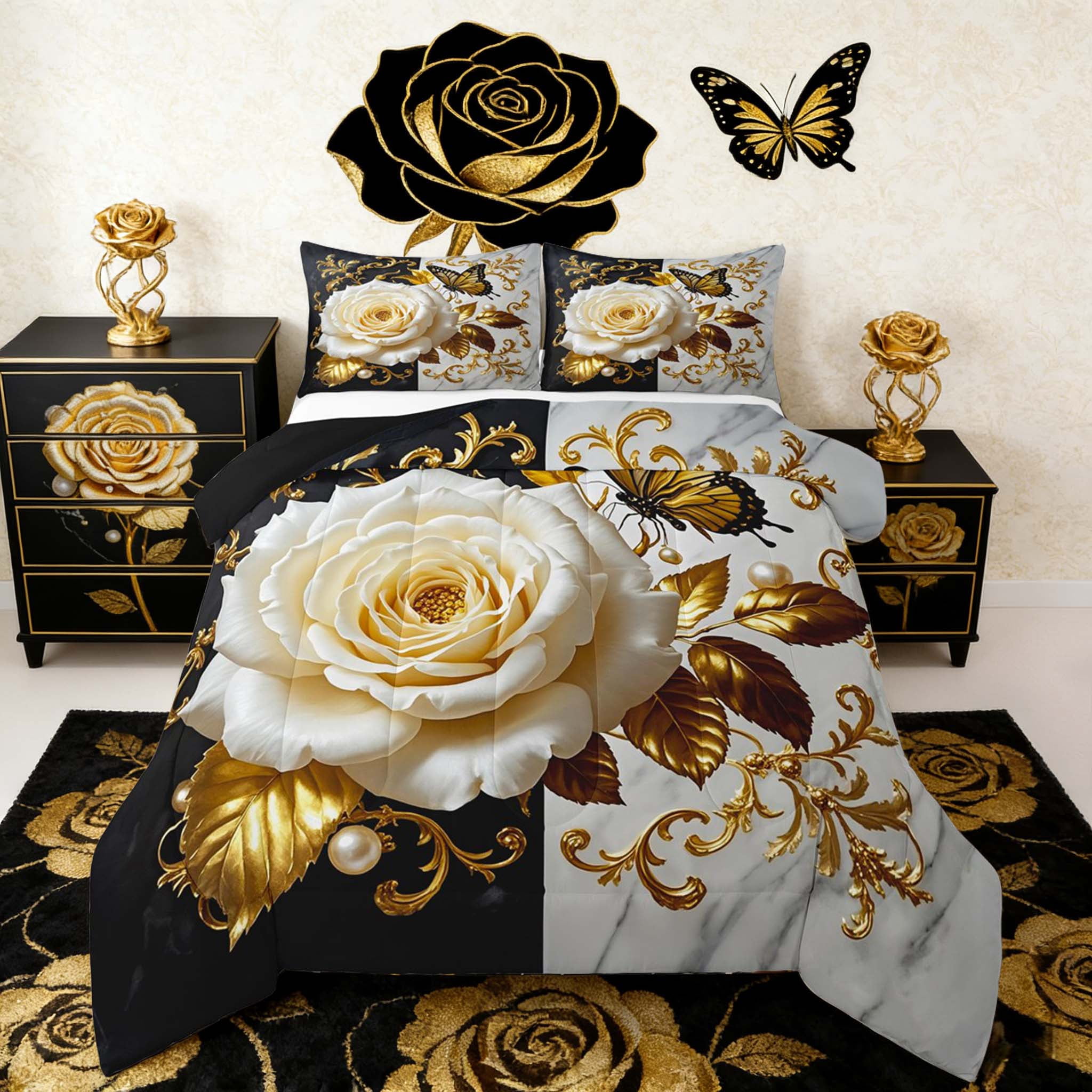 Manfei White Blossom Comforter Sets King Size, Gold Victorian Damask ...