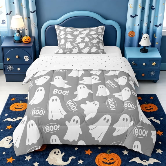 Manfei White Boo Ghost Twin Comforter Sets,Happy Halloween Bedding Set,Reversible,2pcs,1 Comforter and 1 Pillowcase