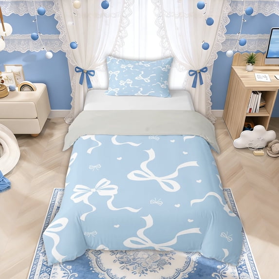Manfei White Bow Light Blue Love Heart Twin Bedding for Boys Girls, Cute Ribbon Duvet Cover Set, Grey Reversible, 1 Duvet Cover and 1 Pillowcase (No Comforter)