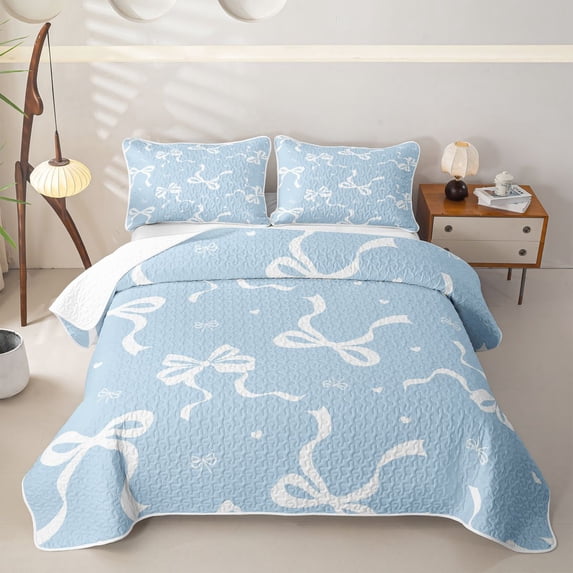 Manfei White Bow Light Blue Love Heart Twin Quilt Set for Boys Girls, Cute Ribbon Twin Coverlet Set