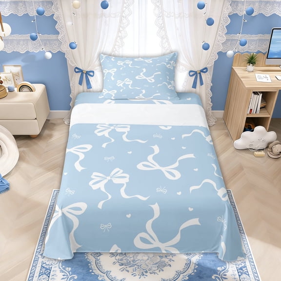 Manfei White Bow Light Blue Love Heart Twin Sheet Sets for Boys Girls, Cute Ribbon Bedding, 3pcs