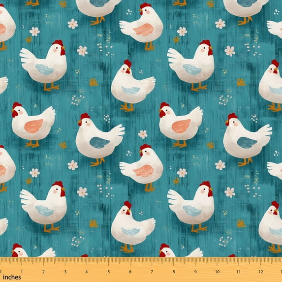Manfei White Chicken Fabric by the Yard 3 Yards, Teal Farm Room Decor ...