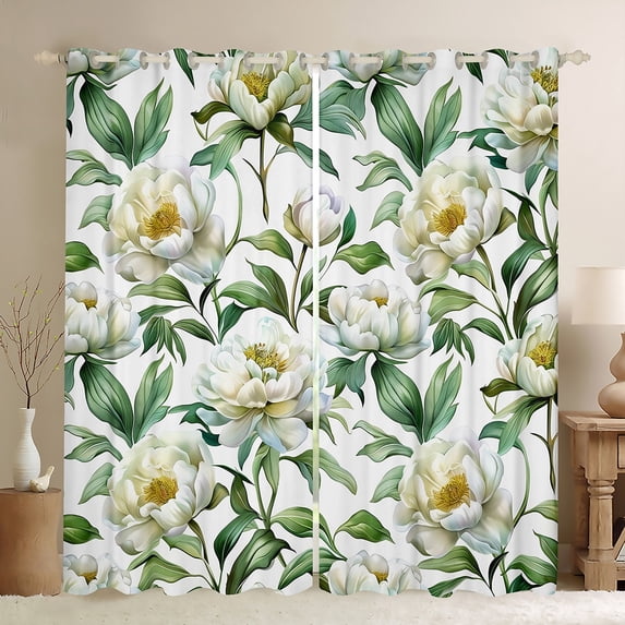 Manfei White Floral Curtains Pack of 2 (42x84 Each),Green Leaves Curtains Blackout,Natural Plant Bedroom Curtains For Children,Super Cozy Room Decor