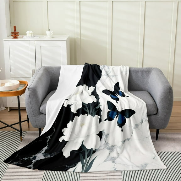 Manfei White Flower Flannel Blanket (30x40) - Black White Marble/Butterflies