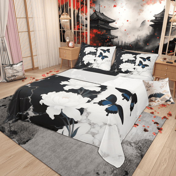 Manfei White Flower Floral Queen Sheet Sets, Black White Marble Bedding Queen Size, Butterflies Fitted Sheet Super Cozy Room Decoration, 4 Pieces