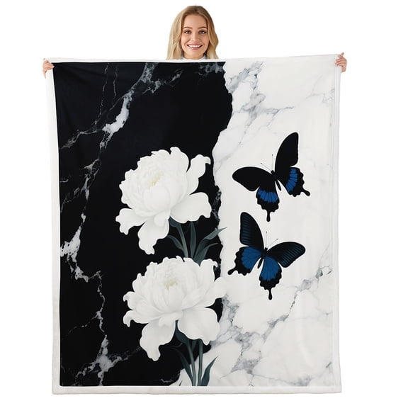 Manfei White Flower Floral Sherpa Blanket 90x90, Black White Marble Fuzzy Blanket Throw, Butterflies Flannel Blanket Super Cozy Room Decoration