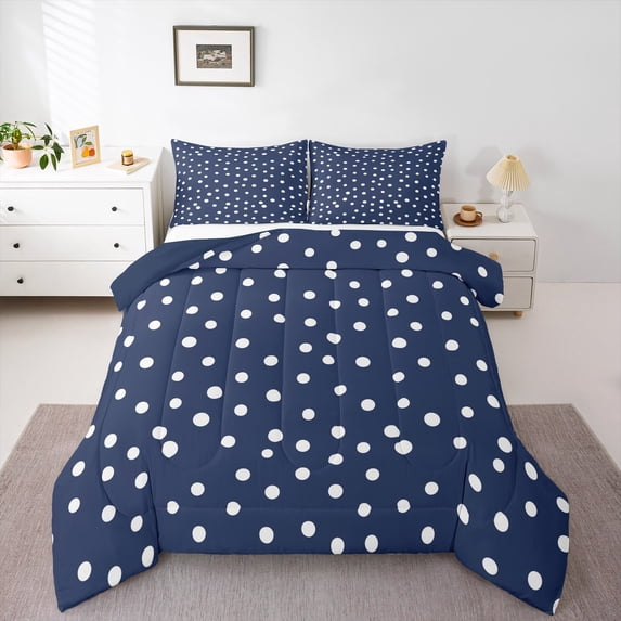 Manfei White French Dots Full Size Comforter Sets,Geometric Circles Bedding Comforter Set,Kawaii Polka Dot Bedding Sets For Child,Microfiber Bedroom Decor Reversible,3pcs