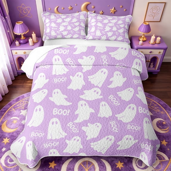 Manfei White Ghost Print Quilt Full,Moon Halloween Full Bedspread Sets,3 Pieces,1 Coverlet and 2 Pillowcases