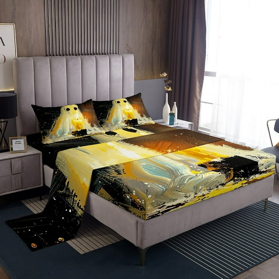 Manfei White Ghost Sheet Set Twin,Vintage Watercolor Bedding Sets Twin Size,Happy Halloween Twin Sheet Sets,Super Cozy Festival Room Decoration,3pcs