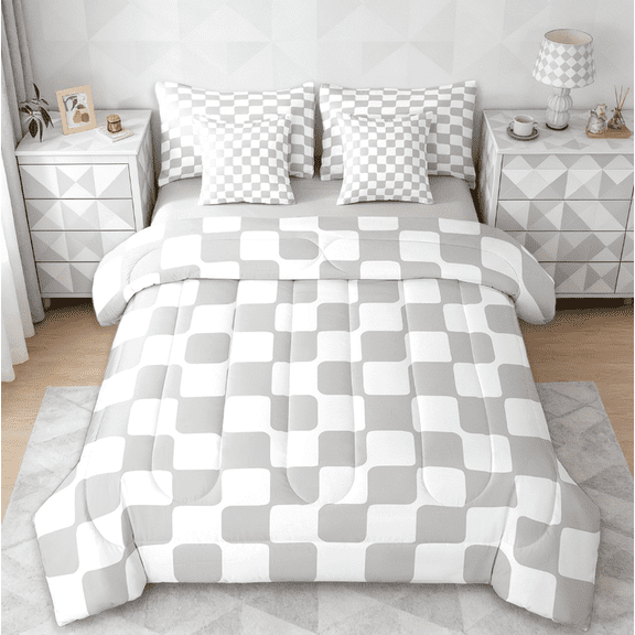 Manfei White Gray Plaid Bed in a Bag Twin Size,Geometric Geometric Bed Set,Modern Abstract Desgin Bedding Twin Size,Super Cozy Bedroom Decor Reversible,7 Pieces