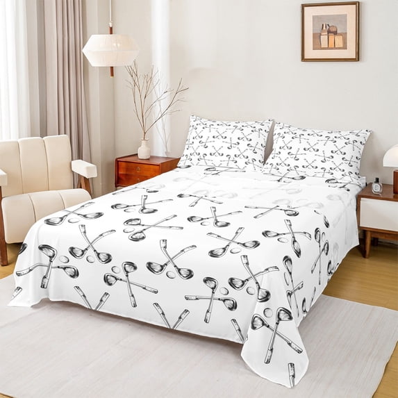 Manfei White Grey Golf Full Size Sheets, Cartoon Sports Ball Print Bed Sheets, Teen Boy Girl Kid Sheet Sets, Lightweight Room Decor, 4-Piece