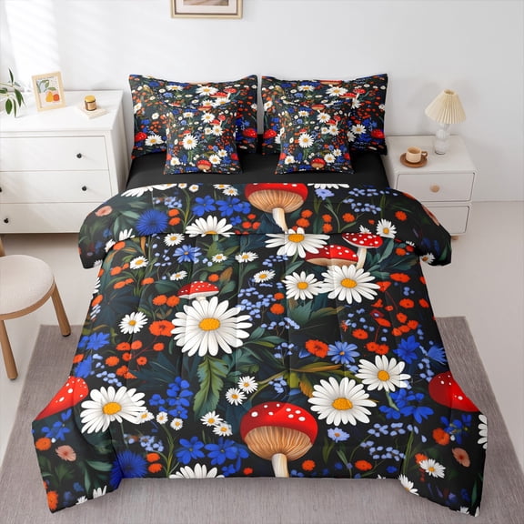 Manfei White Groovy Flower Bedding Comforter Set 7-Piece, Rustic Plant Botanical King Bedding Sets, Cartoon Mushroom Reversible Bed Sheets, Microfiber Bedroom Decor